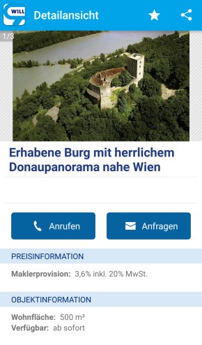 Mittelalterliche Burg Greifenstein wird auf willhaben zum Verkauf angeboten